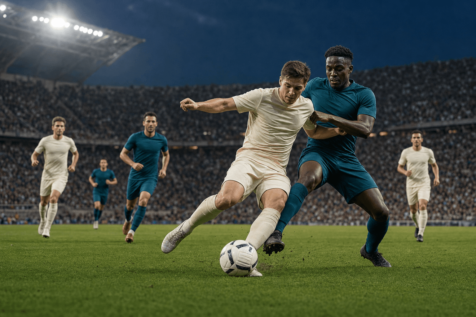 Two fictional football players contesting the ball in a floodlit stadium